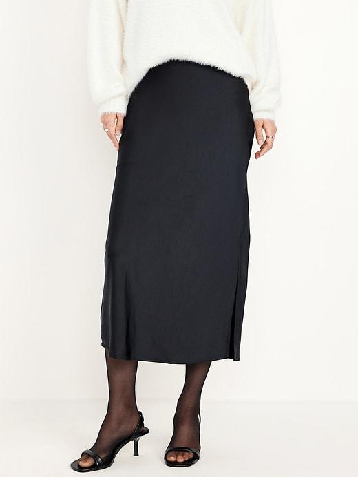 High-Waisted Satin Midi Slip Skirt Product Image