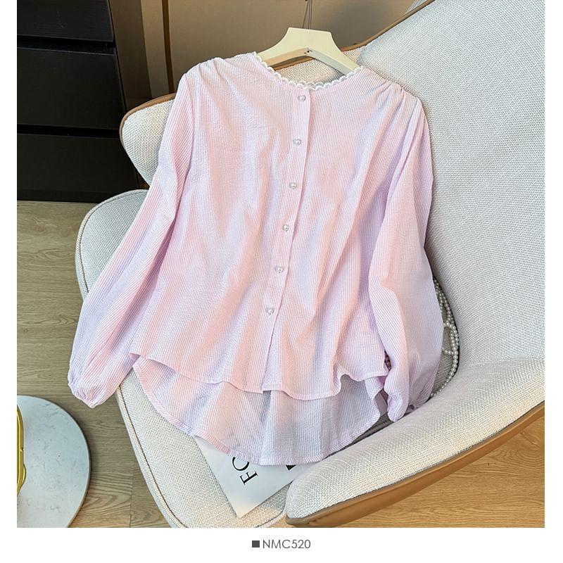 Dip-Back Lace-Trim Striped Round-Neck Loose Shirt Product Image