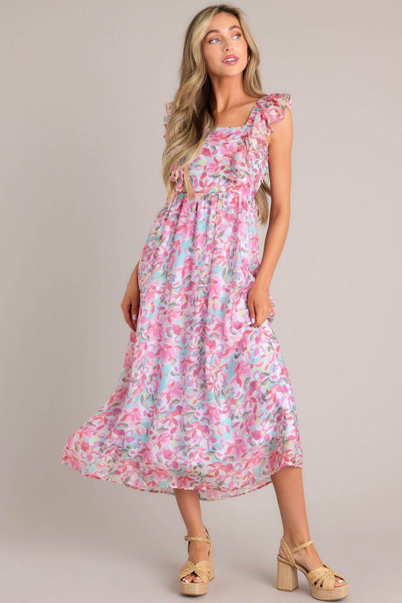 Garden Gala Pink Floral Ruffle Sleeve Midi Dress Product Image