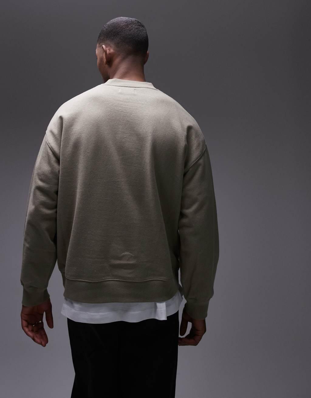 Topman oversized fit linen blend crew sweatshirt in khaki Product Image