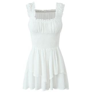 Sleeveless Square Neck Plain Jacquard Frill Trim Smocked Layered Wide Leg Romper Product Image