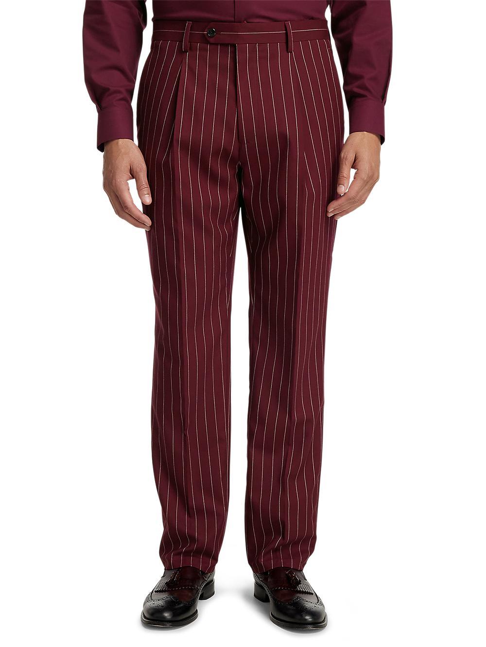 Wool Stretch Stripe Double Breasted Peak Lapel Suit - Burgundy Product Image