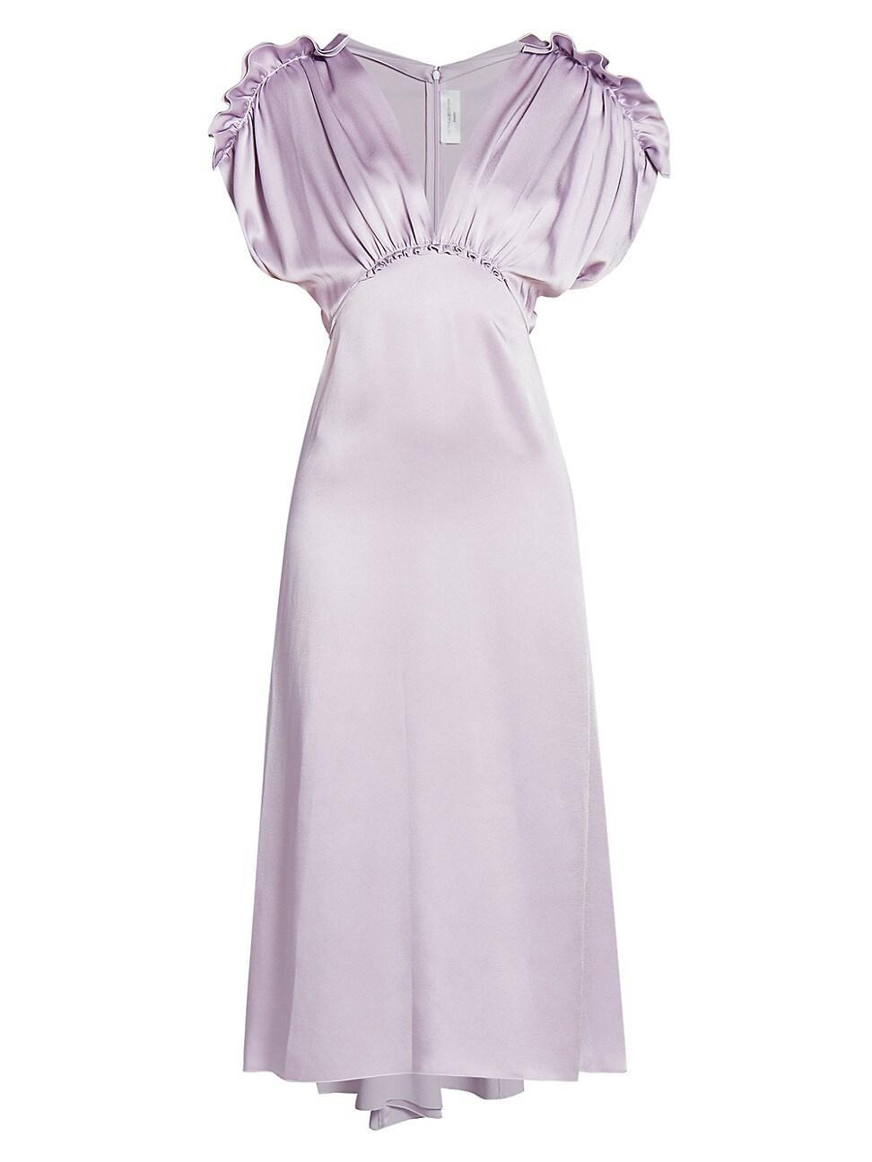 Womens Satin V-Neck Ruffled Midi-Dress Product Image