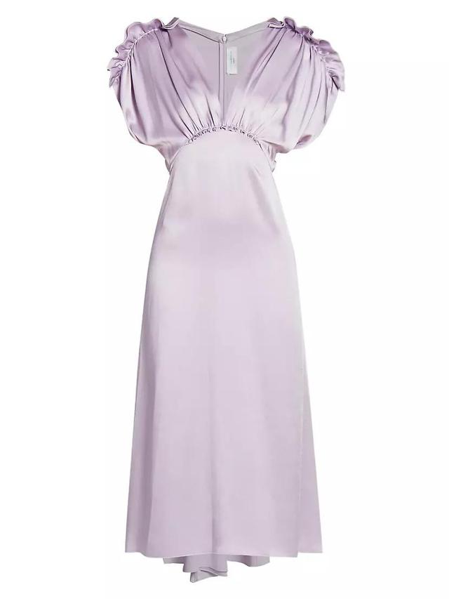 Satin V-Neck Ruffled Midi-Dress Product Image