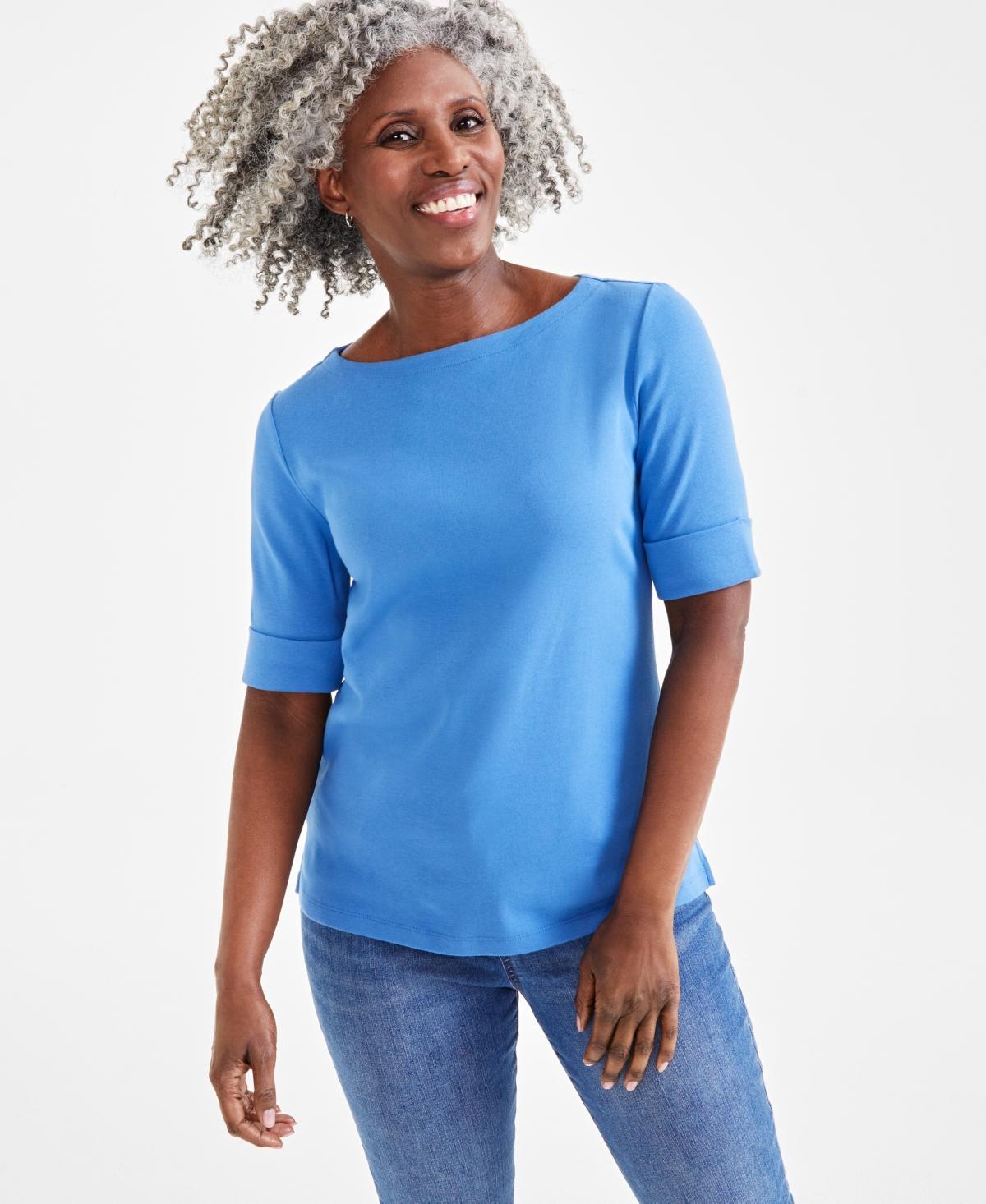 Women's Boat-Neck Elbow Sleeve Cotton Top, XS-4X, Created for Macy's Product Image