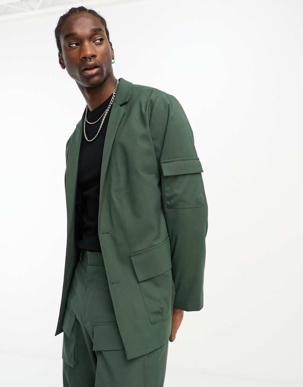 ASOS DESIGN oversized cargo pocket suit jacket in green Product Image