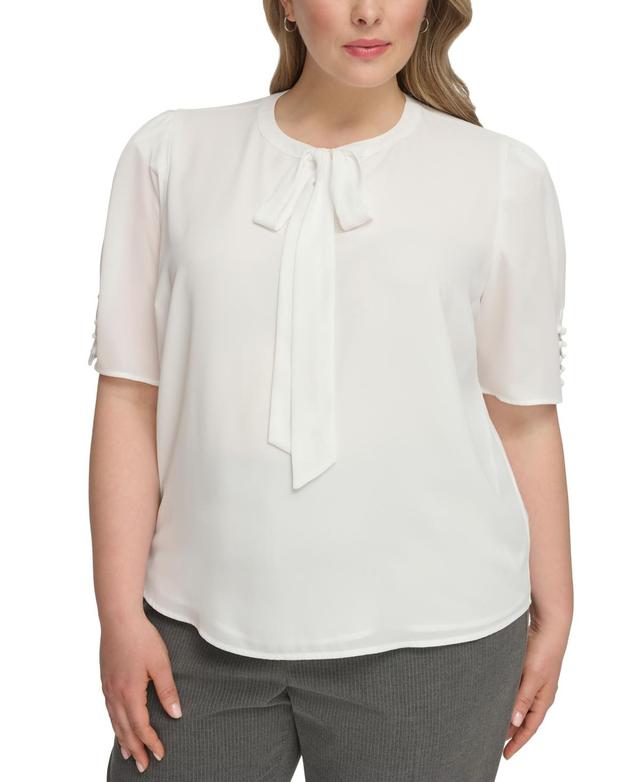 Calvin Klein Plus Size Short-Sleeve Tie-Neck Top Product Image