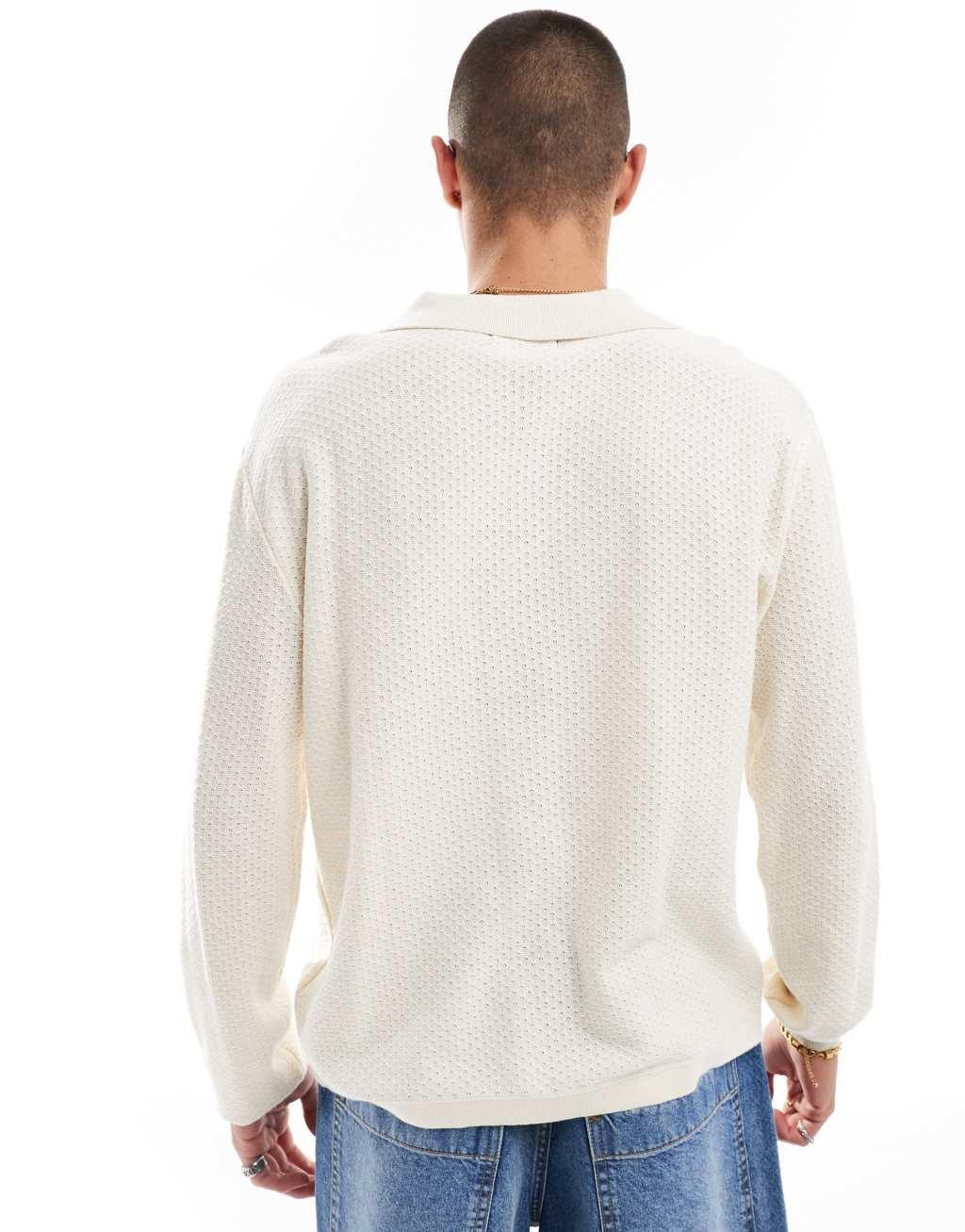 Cotton On knit long sleeve polo top in cream Product Image