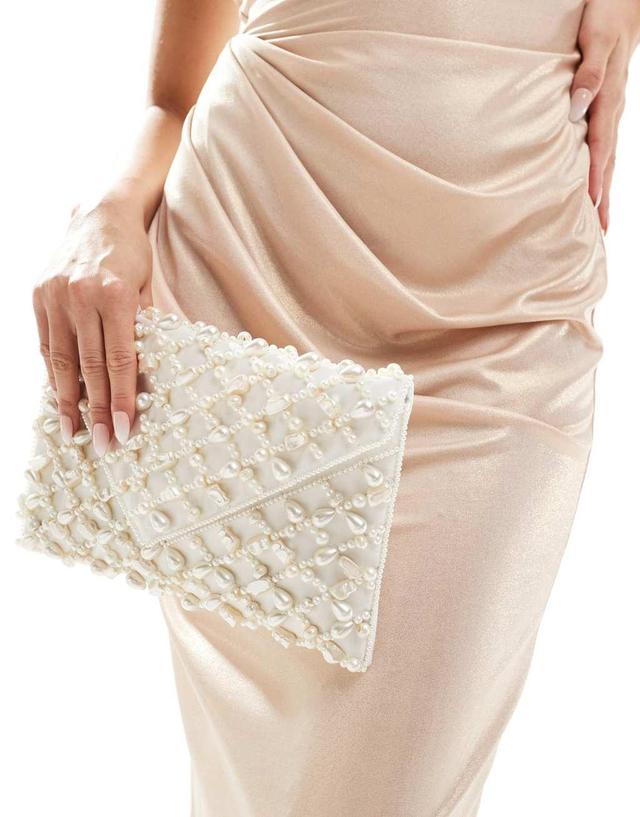 True Decadence embellished satin clutch bag in cream Product Image