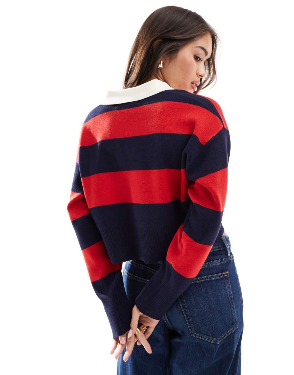 Bershka striped polo neck sweater in red Product Image