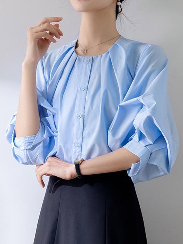 Half Sleeves Loose Buttoned Pleated Solid Color Round-Neck Blouses&Shirts Tops Product Image