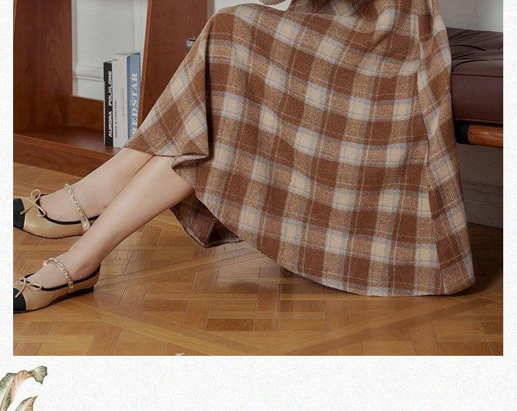 Set: Long-Sleeve Mock Neck Plain Knit Top + High Rise Plaid Midi A-Line Skirt Product Image