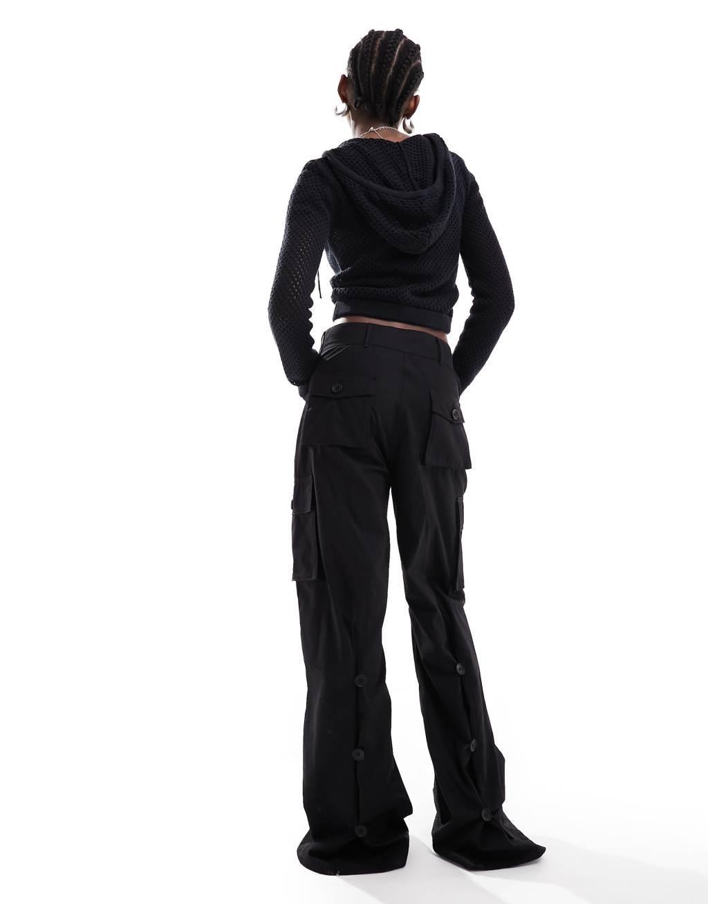 COLLUSION wide leg utility pants with button hem-Black Product Image