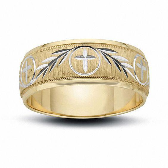 Men's 8.0mm Cross and Ivy Engraved Wedding Band in 14K Gold Product Image