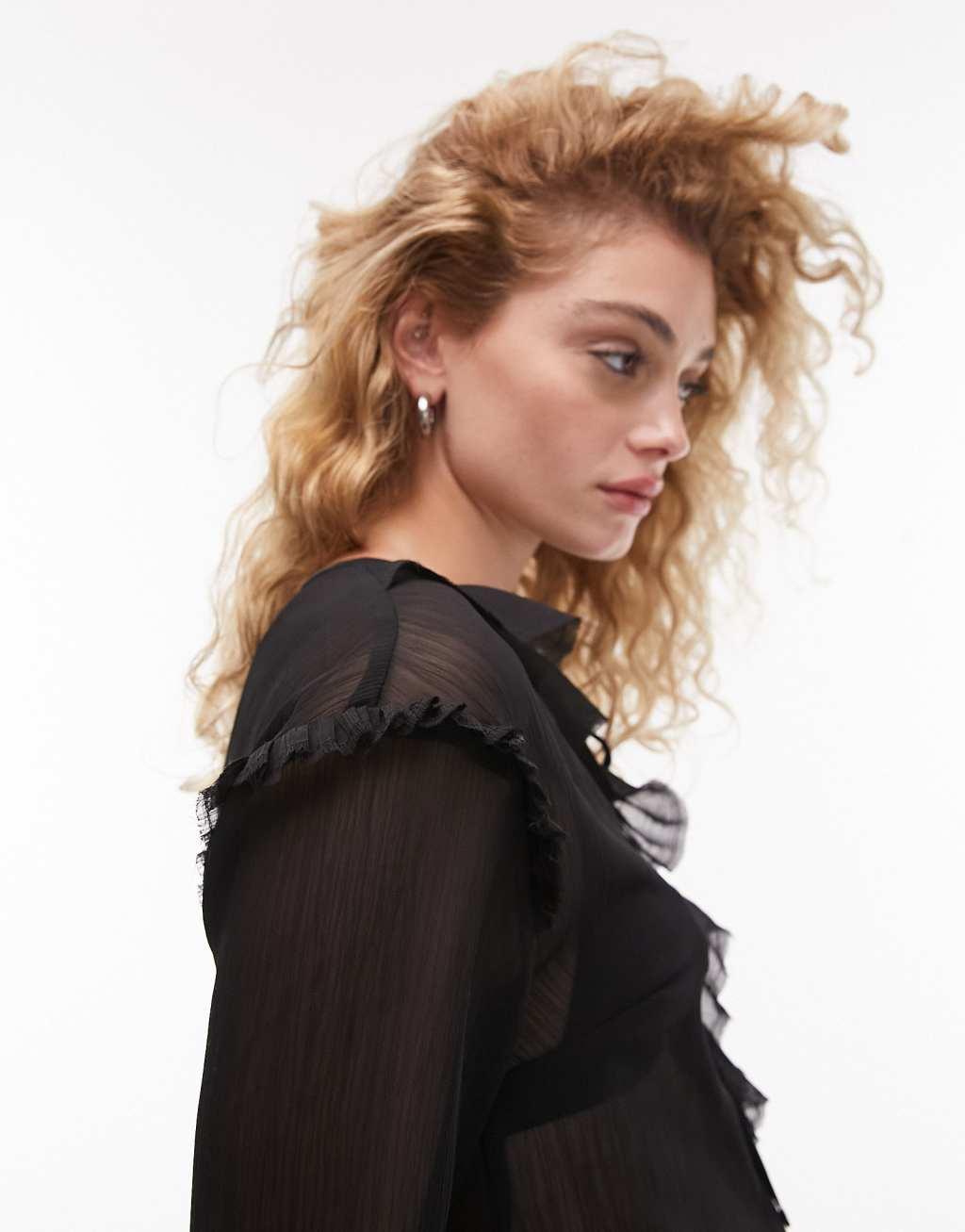 Topshop long sleeve ruffle front top in black  Product Image