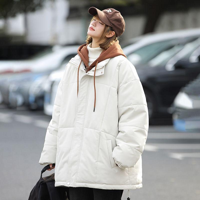 Mock Two-Piece Two-Tone Hooded Padded Zip Jacket Product Image