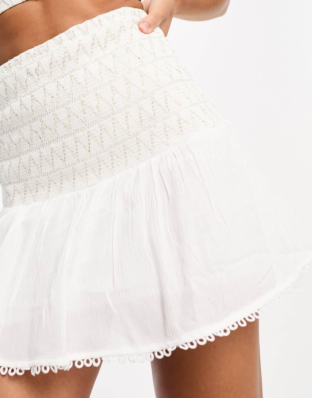 River Island shirred detail mini beach skirt in white - part of a set Product Image