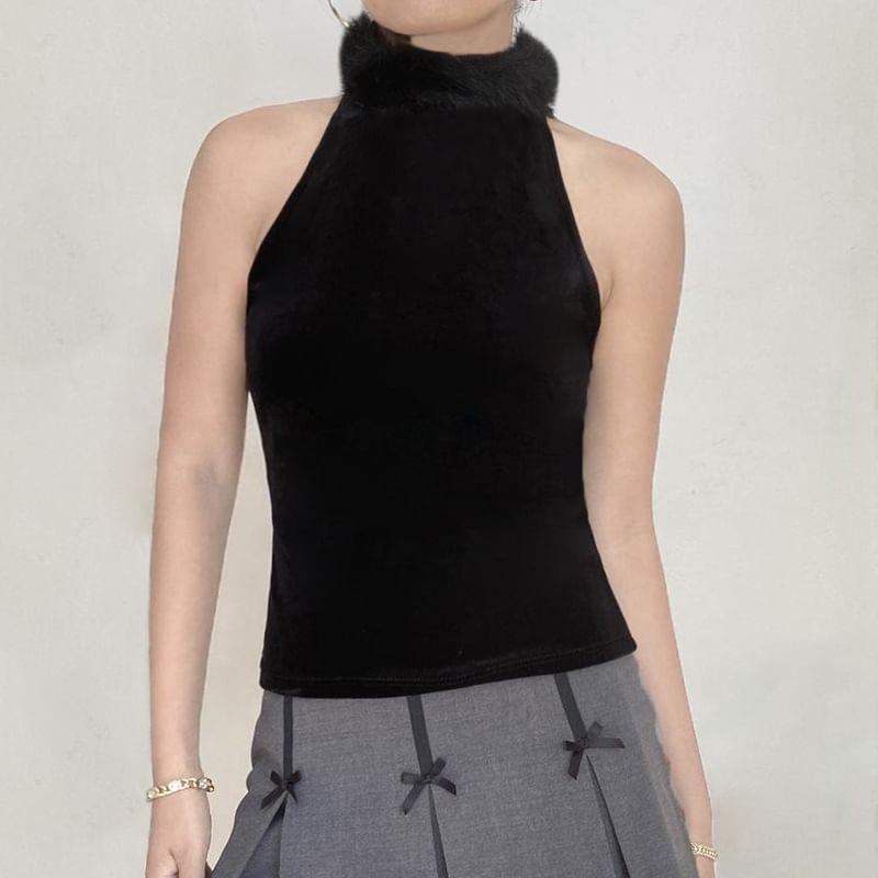 Sleeveless Velvet Plain Crop Top Product Image