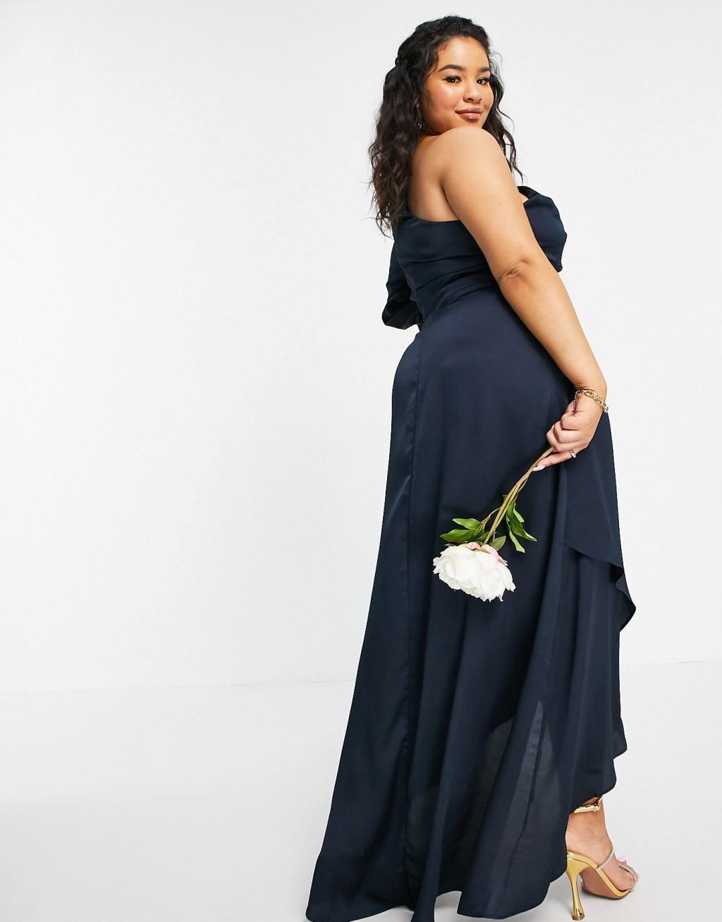 TFNC Plus Bridesmaid satin one shoulder long sleeve maxi dress in navy Product Image