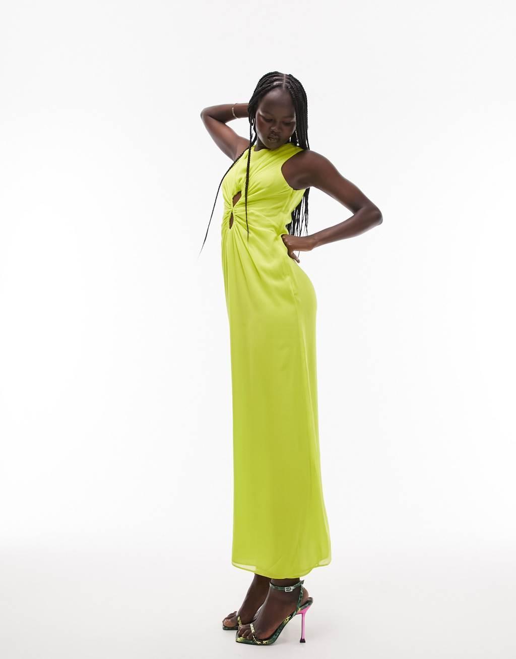 Topshop ruched cut out maxi dress in yellow Product Image