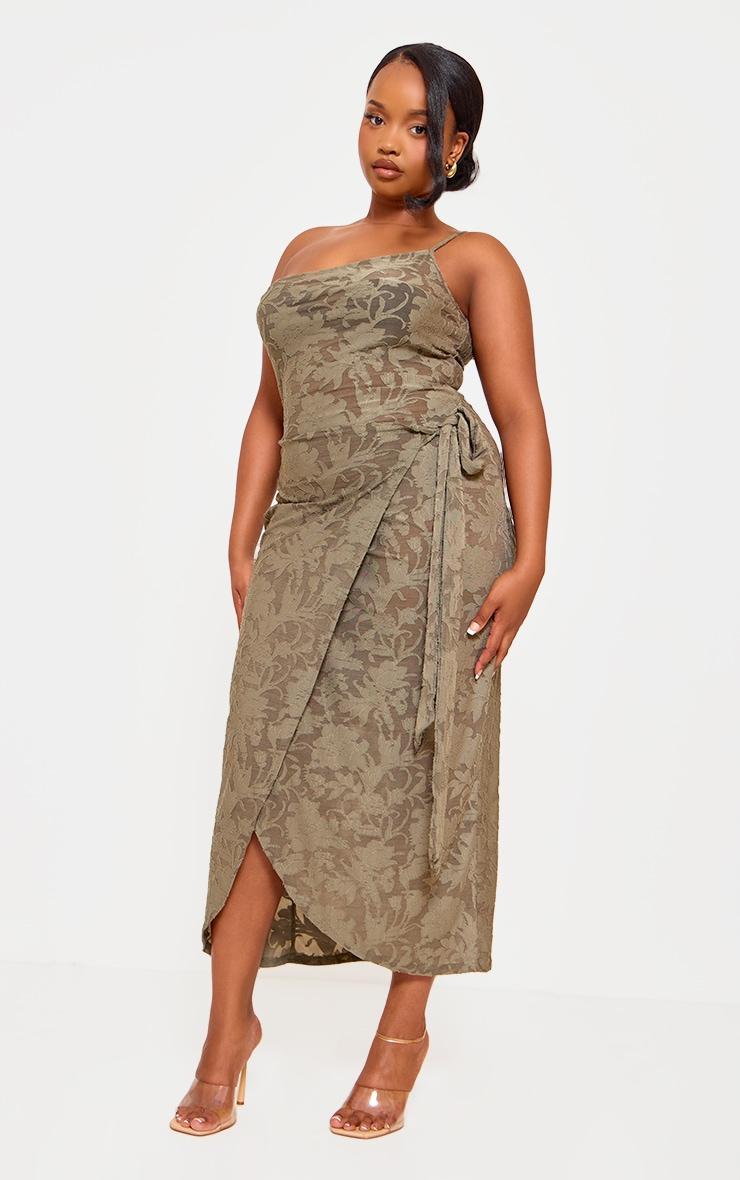 Plus Khaki Floral Tie Side Midi Dress Product Image