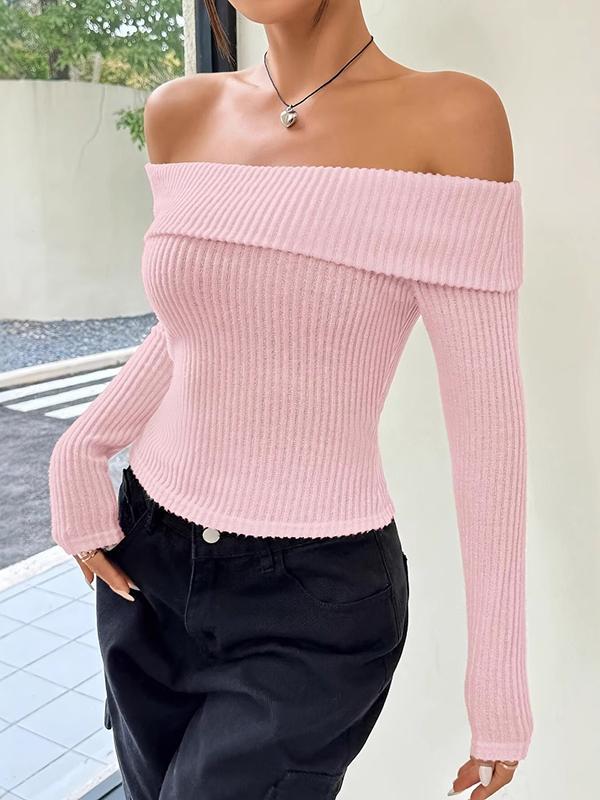 Long Sleeves Skinny Pleated Solid Color Split-Joint Off-The-Shoulder Sweater Tops Product Image