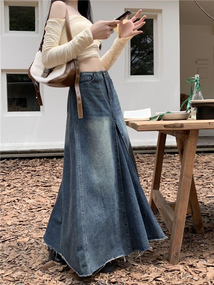 High Rise Frayed Denim Maxi A-Line Skirt Product Image