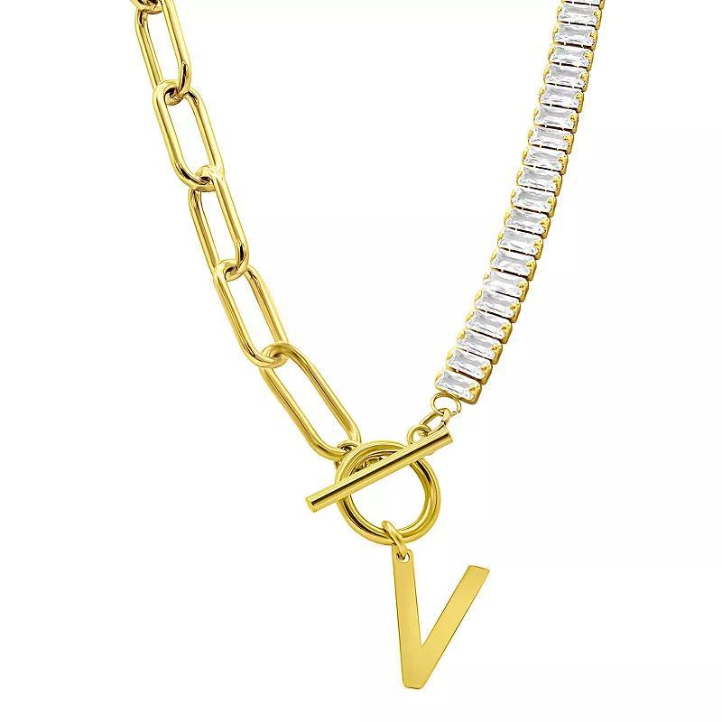 Adornia Gold Tone Half Crystal & Half Paperclip Initial Toggle Necklace, Womens V Product Image