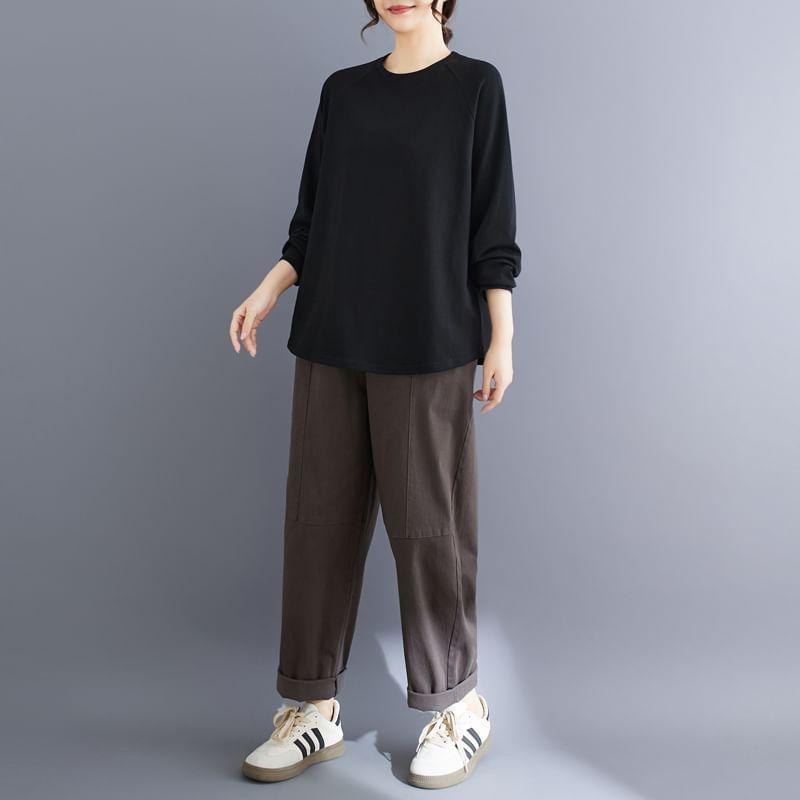 Long-Sleeve Round Neck Plain Raglan T-Shirt Product Image