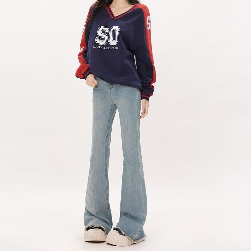 Low Waist Washed Frayed Flared Jeans (Various Designs) Product Image