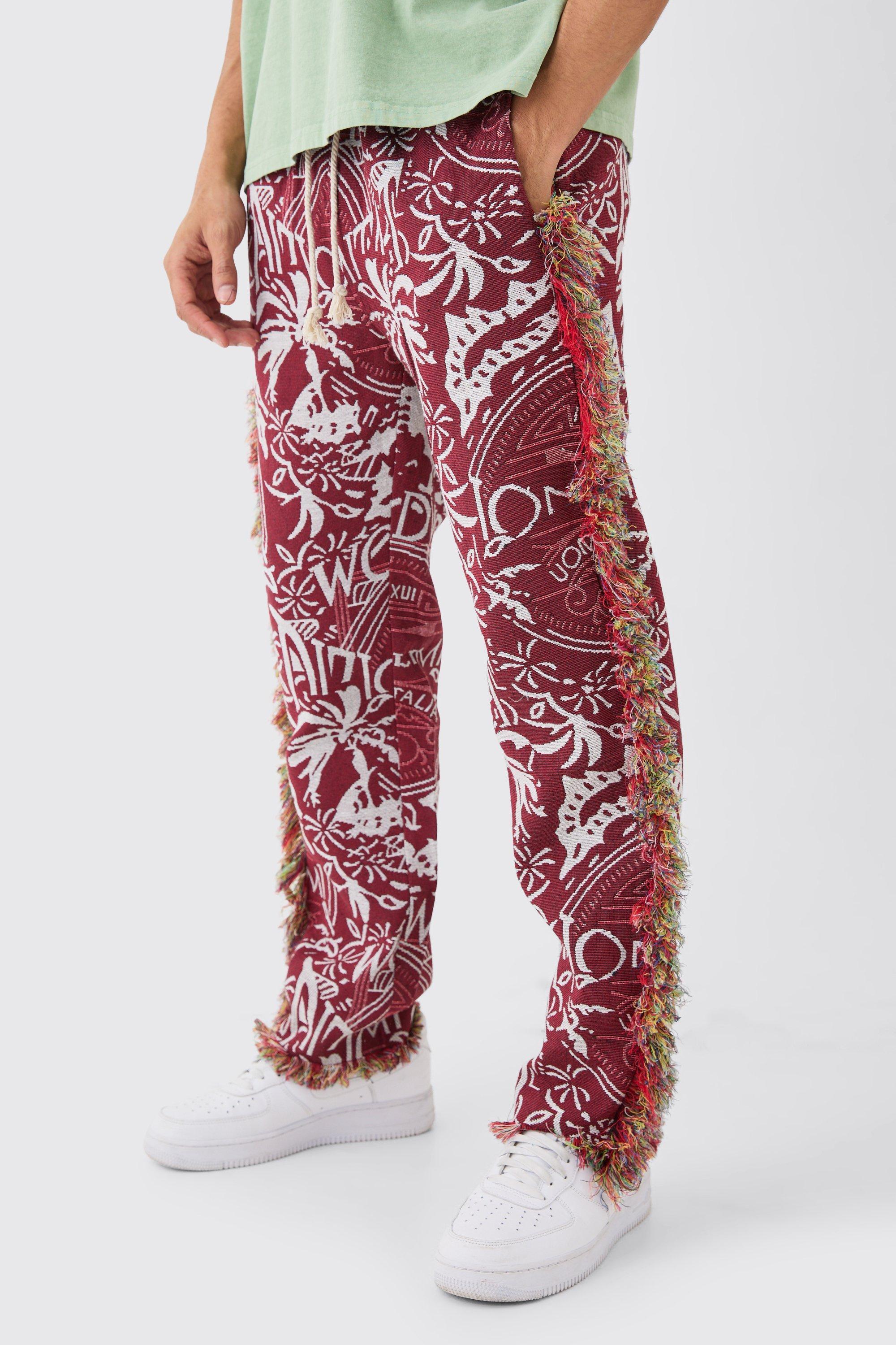 Mens Red Elasticated Waist Straight Leg Frayed Tapestry Trouser, Red Product Image