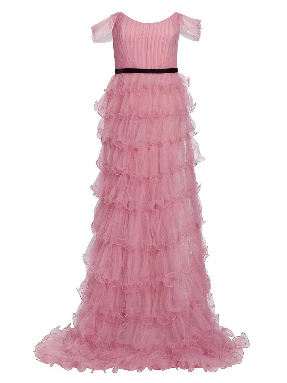 Womens Off-The-Shoulder Tiered Tulle Gown Product Image