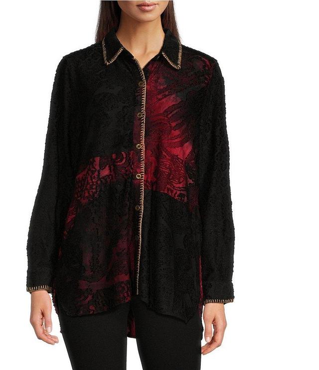 Calessa Patchwork Burnout Collared 3/4 Sleeve Button Down Top Product Image