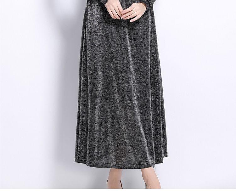 Long Sleeve V-Neck Plain Glitter Twist Maxi A-Line Dress Product Image