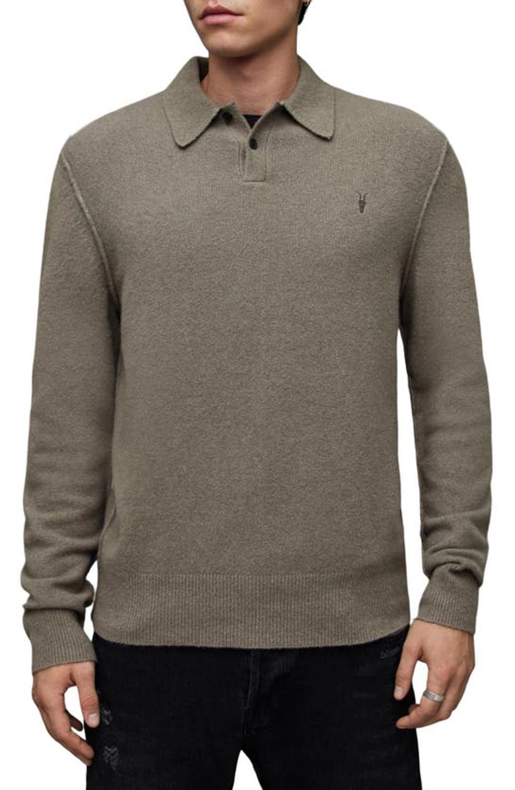 ALLSAINTS Statten Solid Long Sleeve Polo Shirt In Planet Grey Product Image