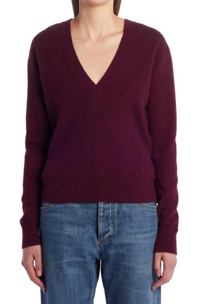 Ribbed V-neck Cashmere Blend Sweater In Oxblood Product Image