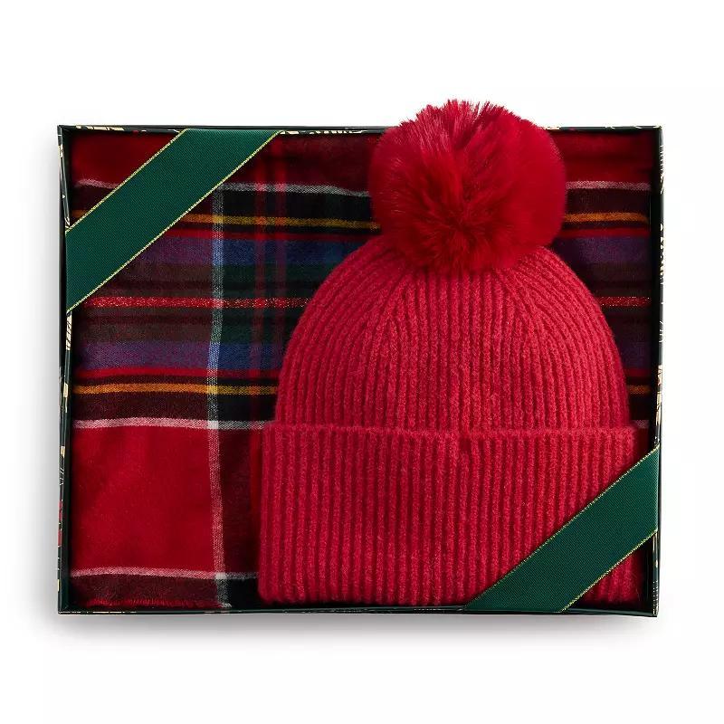 Womens Nine West Classic Plaid Scarf & Solid Pompom Beanie Boxed Set Product Image