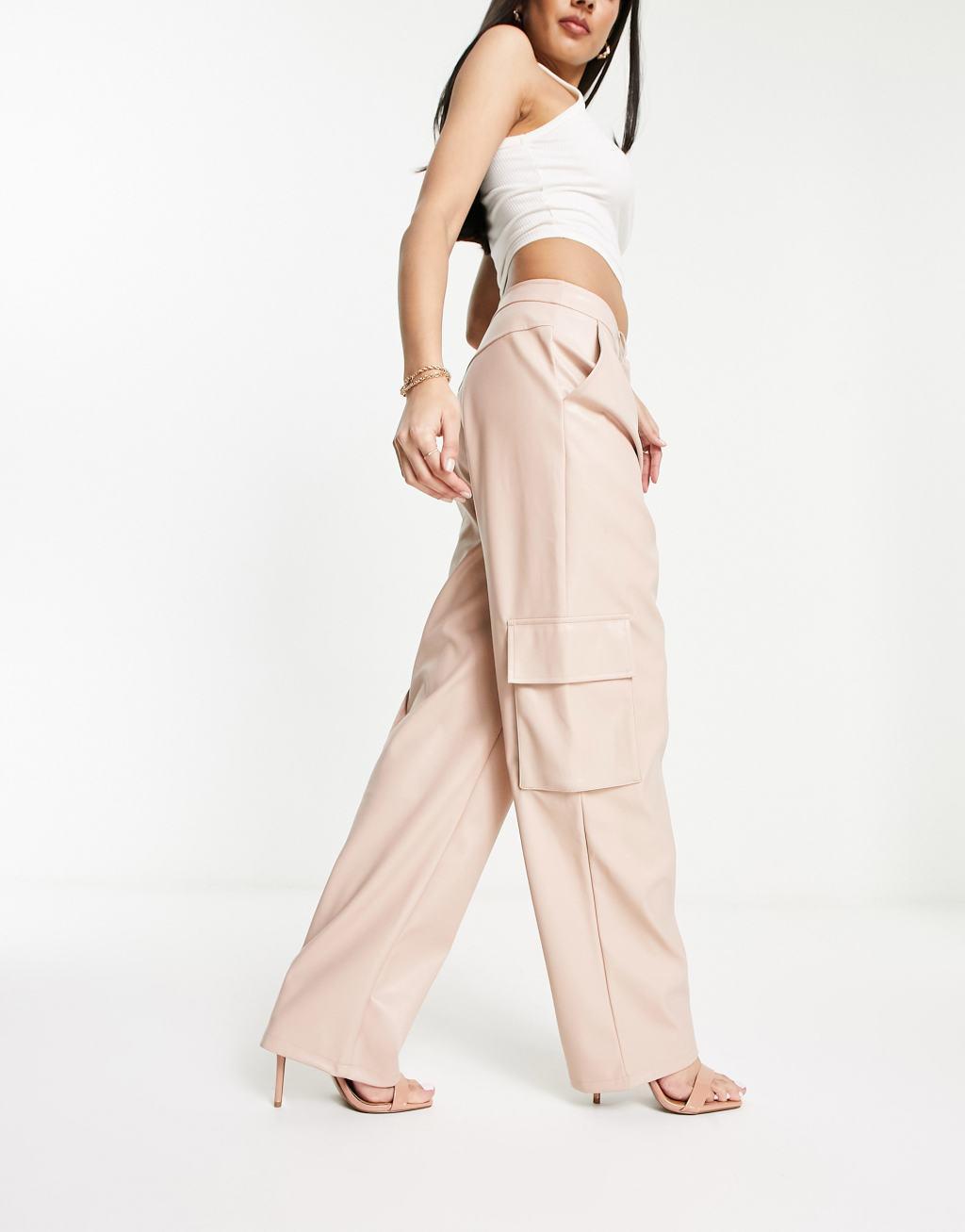 Miss Selfridge faux leather wide leg cargo pants Product Image