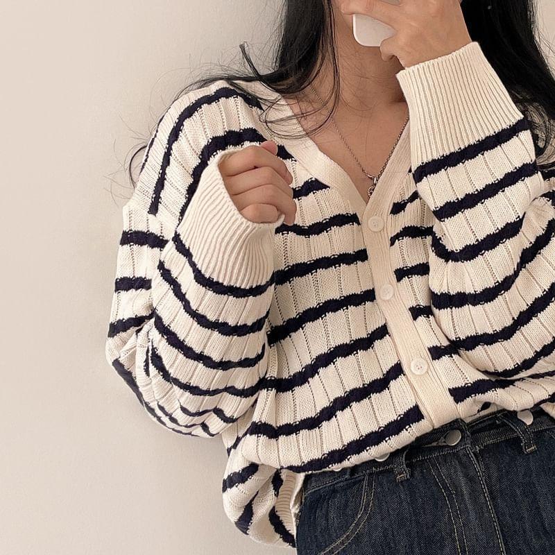 V-Neck Striped Ribbed Cardigan Product Image