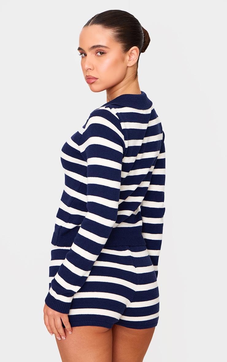 Petite Navy Knitted Stripe Collar Detail Long Sleeve Top Product Image