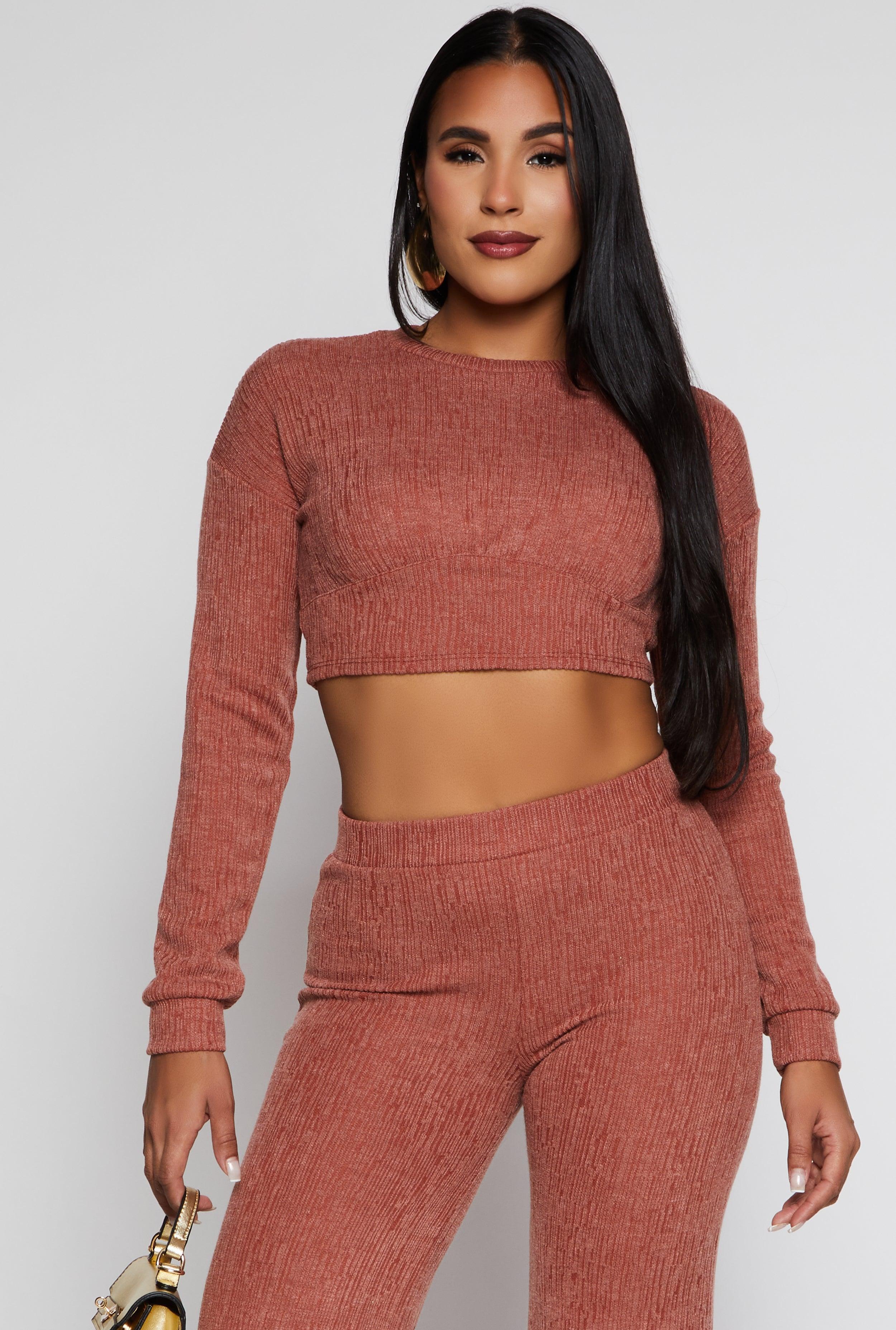 Womens Textured Brushed Knit Long Sleeve Crop Top Product Image