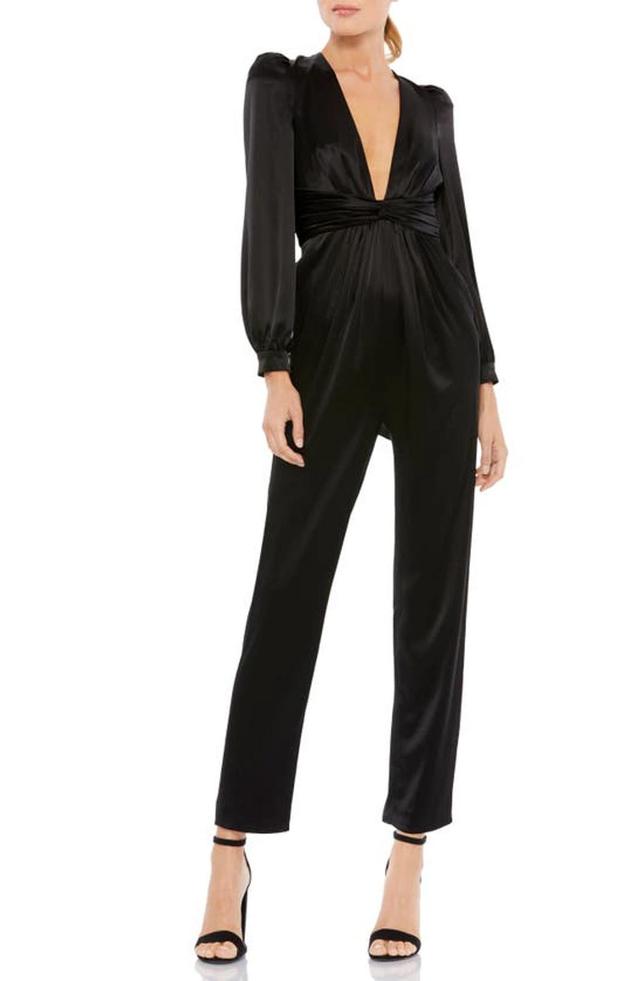 Plunge Neck Long Sleeve Satin Jumpsuit In Black Product Image