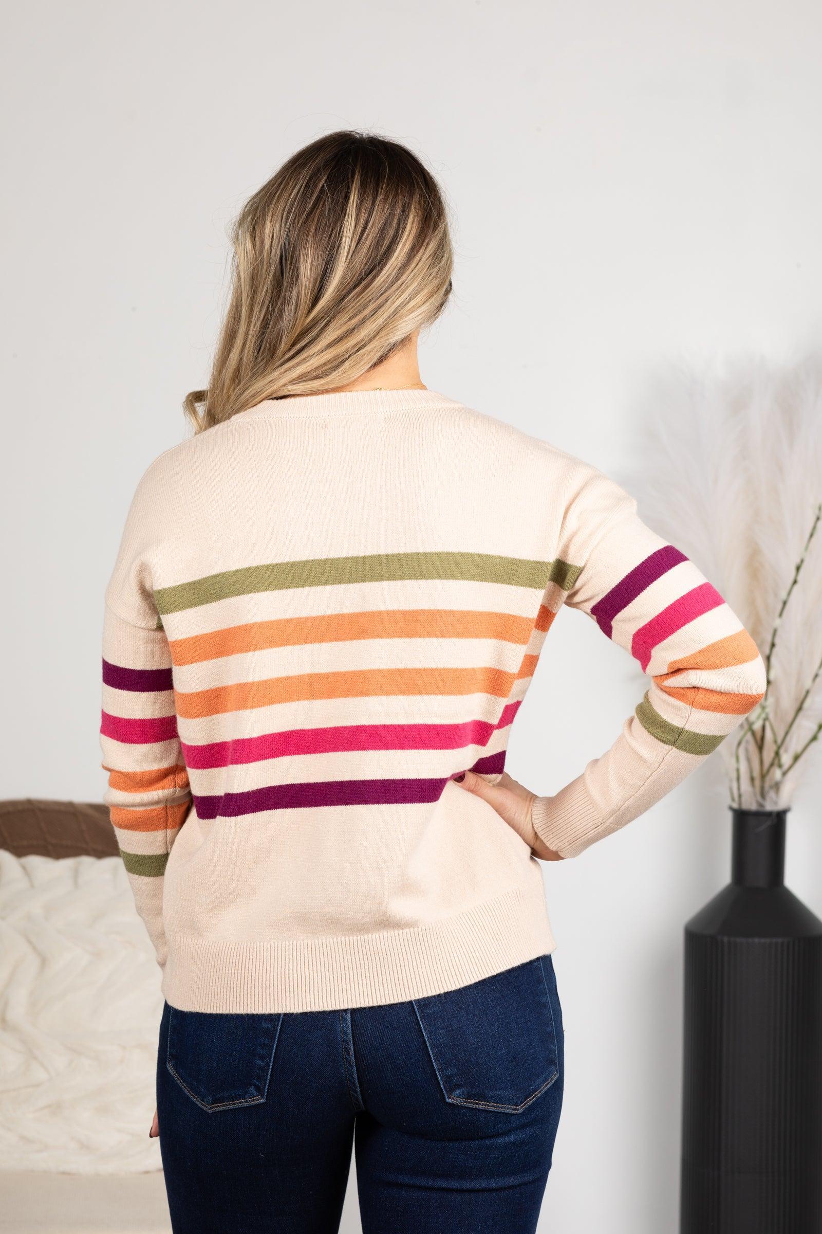 Oatmeal With Berry Stripe Colors Knit Sweater Product Image