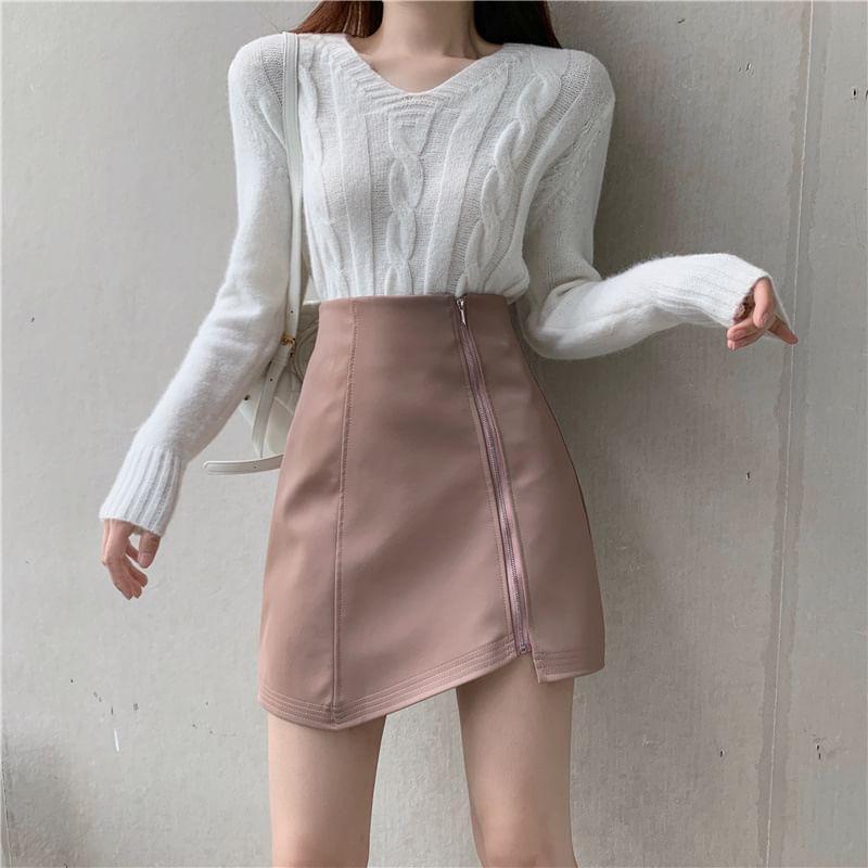 High Waist Plain Asymmetrical Mini Pencil Skirt Product Image