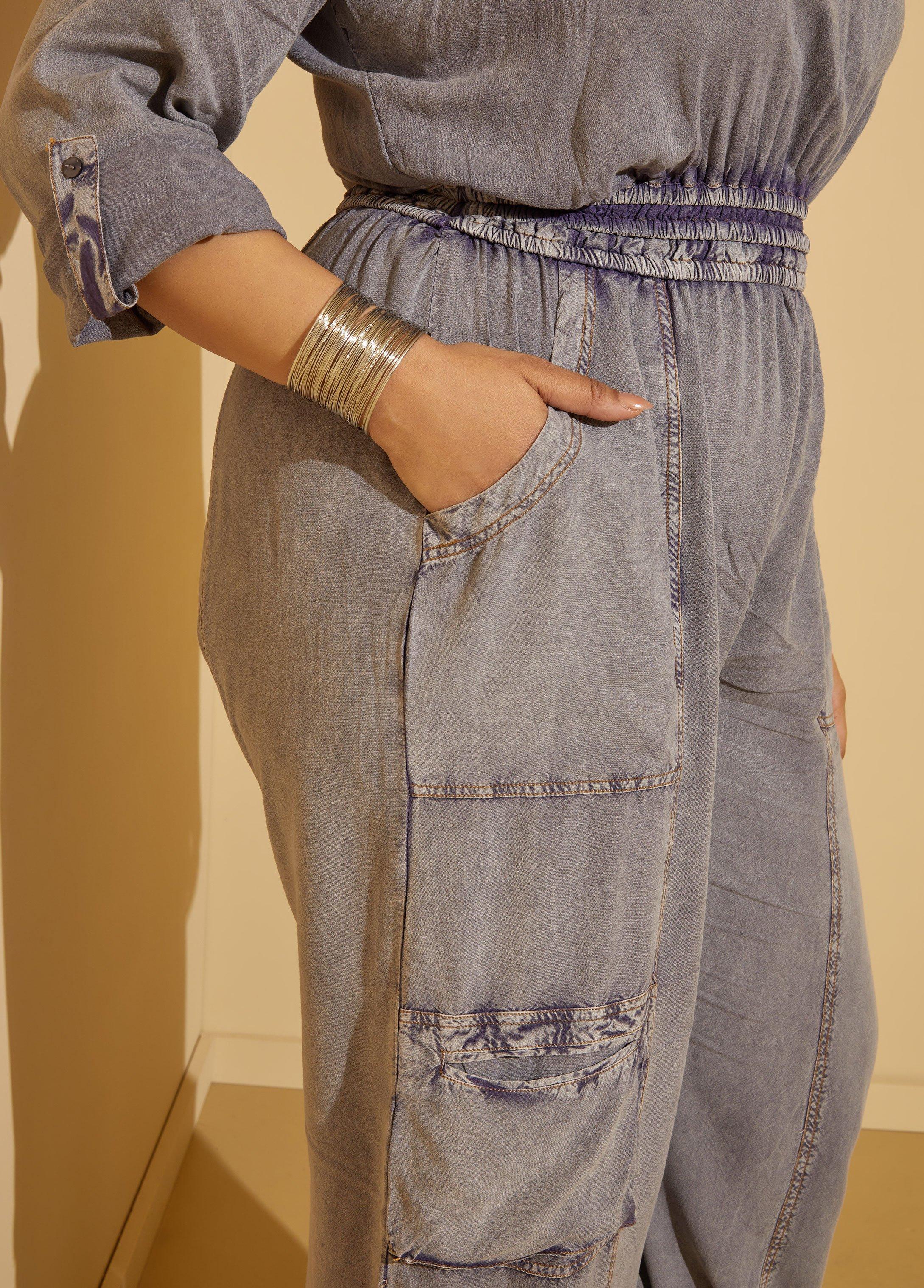 Stone Wash Chambray Cargo Jumpsuit Product Image