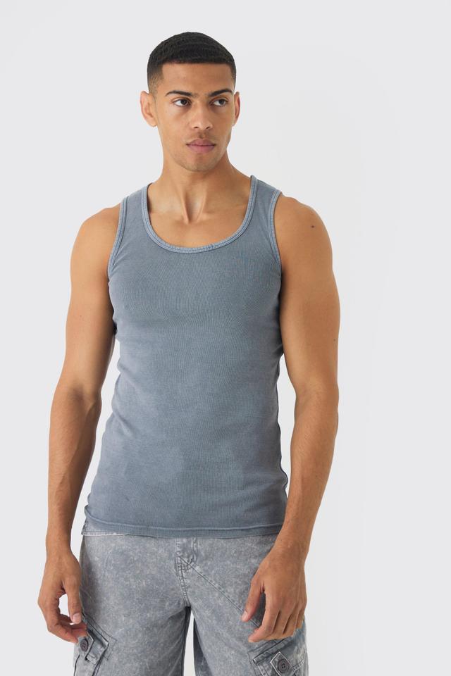 Muscle Fit Ribbed Acid Wash Vest | boohooMAN USA Product Image