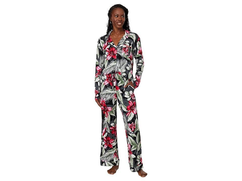 Tommy Bahama Long Sleeve Notch Crop PJ (Black Tropical) Women's Pajama Sets Product Image