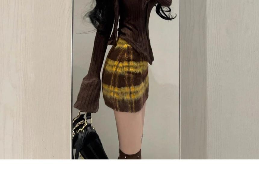 Long Sleeve Collared Plain Button Ribbed Top / High Waist Plaid Mini Pencil Skirt Product Image