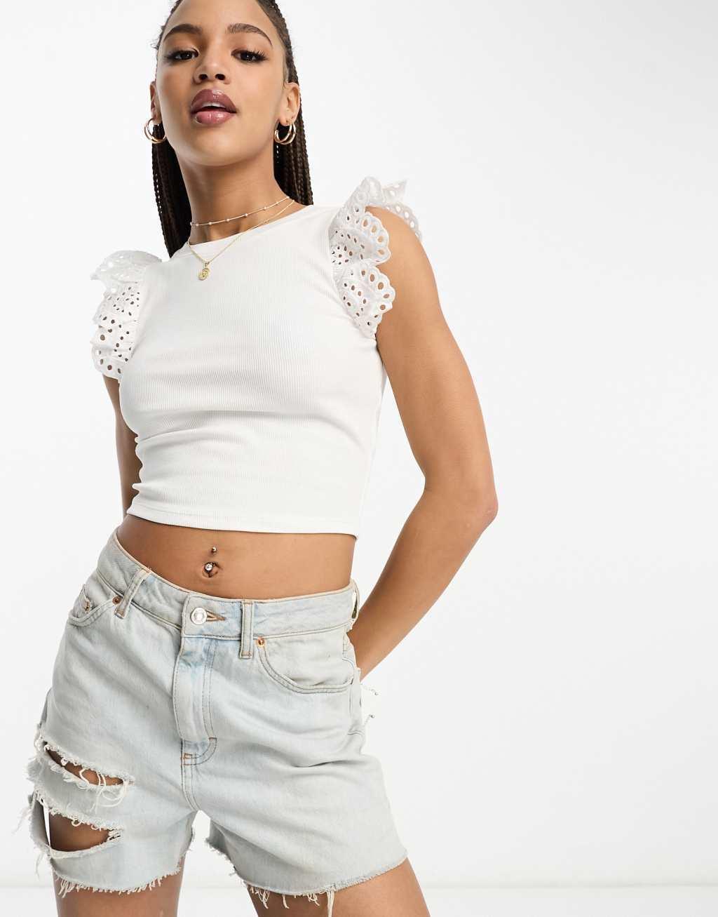 Miss Selfridge rib crop with eyelet frill sleeve in white  Product Image