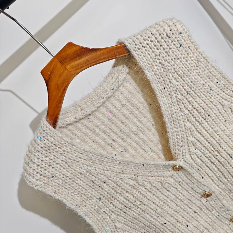 V-Neck Melange Button Sweater Vest Product Image